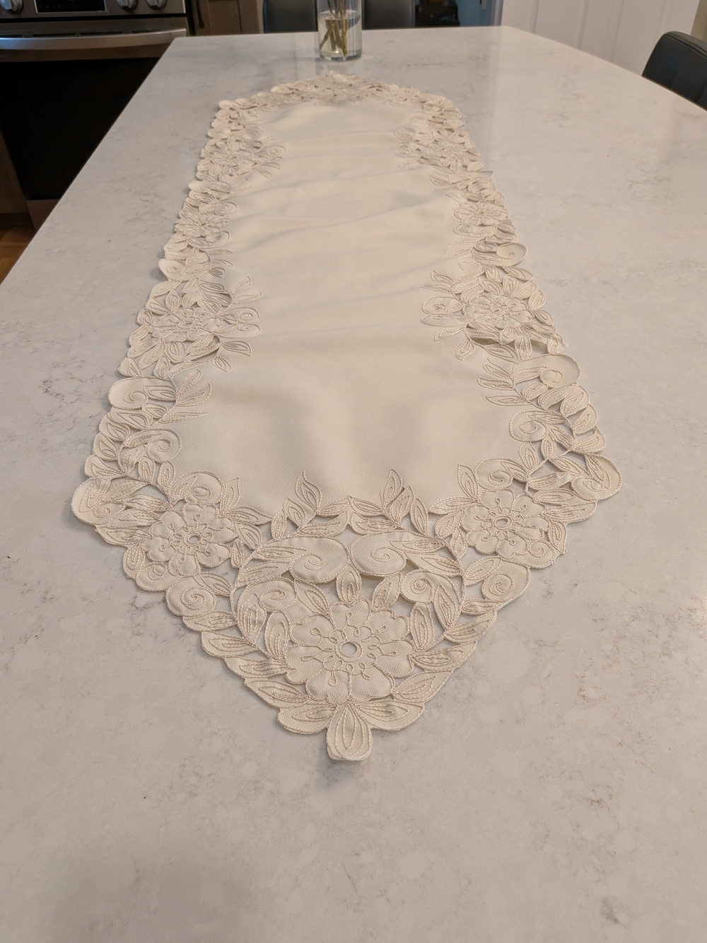 Embroidered Floral Cutwork Table Runner in Ivory 52.5" x 16"